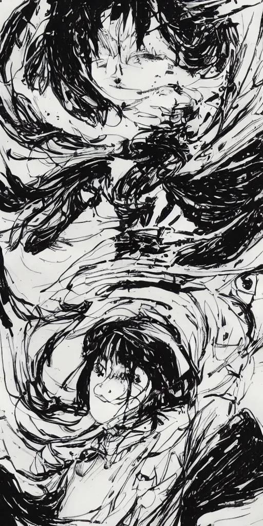 Prompt: beautiful korean woman astronaut floating in space with moon dust, long flowing black hair, drawn in the style of tsutomu nihei and katsuya terada