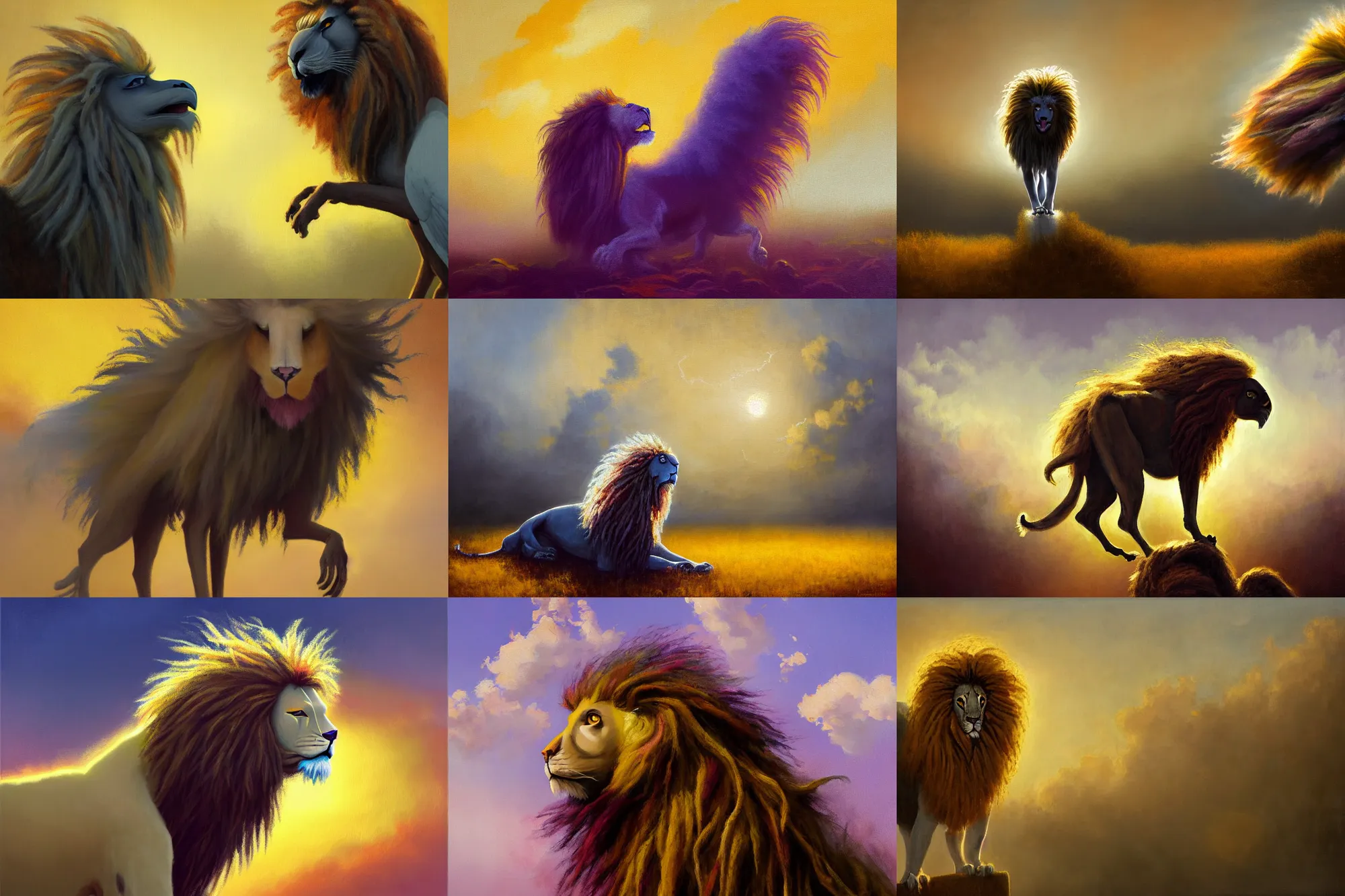 Prompt: tonalist painting of ethereal pigeon - headed shaggy lion monster looming overhead, yellow ochre, titanium white, quinacridone magenta, hard lighting, golden hour, figurative art, baroque, art nouveau, plein air, luminous, edge lighting, atmospheric, ambient occlusion, subsurface scattering, dust, smoke