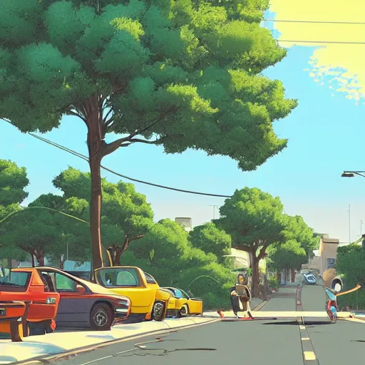 Image similar to neighborhood street, uptown street, golden hour, golden sunshine, trees over road, shining sun in distance, trees, juniper trees, oak trees, cars parked in street, long street, distance, cel - shaded, raytracing, cel - shading, toon - shading, 2 0 0 1 anime, flcl, jet set radio future, drawn by artgerm