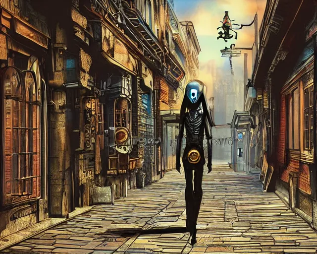 Prompt: digital artwork of humanoid alien walking along a steampunk style city street