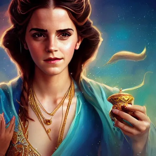 Prompt: !dream Emma Watson as princess jasmine in Aladdin, digital painting, artstation, concept art, sharp focus, illustration, art by greg rutkowski and alphonse mucha, highly detailed