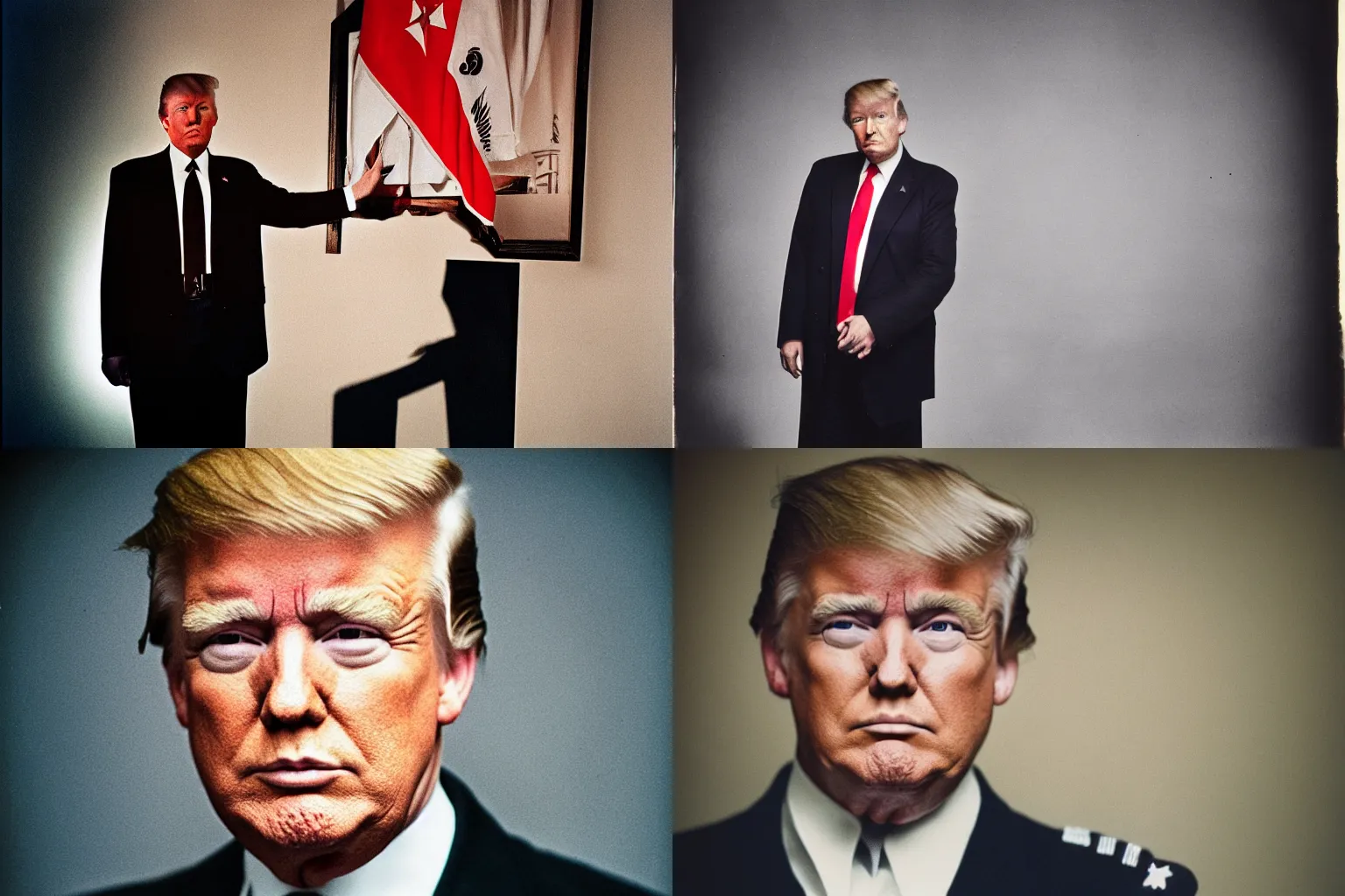 Prompt: solo portrait photograph of a Donald Trump wearing Reichsführer outfit, off-camera flash, canon 35mm lens f8 aperture, color Ektachrome photograph, single point of light