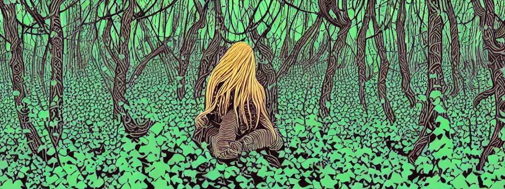 Prompt: a grunge technogaianist long-haired blonde digital musician playing modular synthesizer in the forest, technology and nature swirling in harmony, vines becoming patch cables, plugging vines into the synthesizer, trees swaying to the beat, postmodern surrealist concert poster, grainy, hand drawn matte poster by Tara McPherson and Gary Houston, smooth, sharp focus, extremely detailed.
