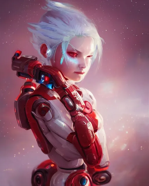 Prompt: cyborg girl with white hair and red clothes, alien hive, honey decorations, dreamy, beautiful illustration, scifi, radiant, atmosphere, harmony, top lighting, blue eyes, focused, perfect composition, artstation, highly detailed, art by yuhong ding and chengwei pan and serafleur and ina wong