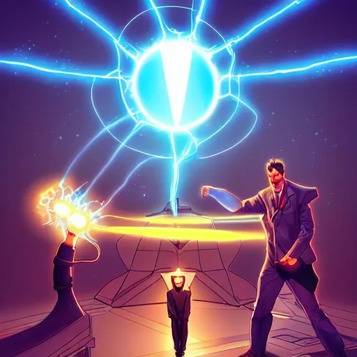 Image similar to Nikola Tesla with electric superpowers and Thomas Edison with light superpowers in an epic superhero battle, by MARVEL comics and Cyril Rolando and WLOP, trending on artstation