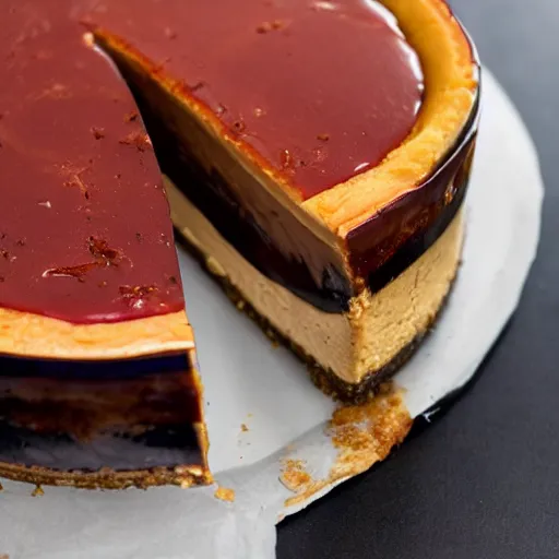 Image similar to close view of a delicious sweet and perfect eggplant cheesecake piece, award winning, 4 k, beautiful