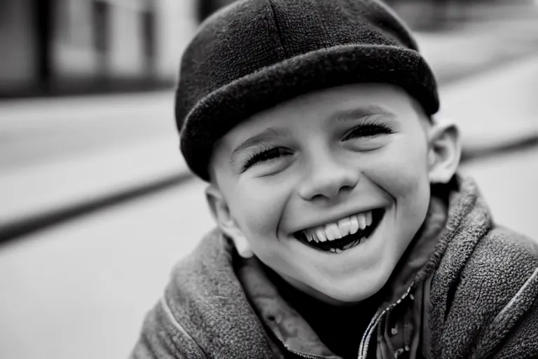 Image similar to still photo of a canadian child boy smiling at the camera on the street, black and white color aesthetic, highly detailed, photorealistic portrait, bright studio setting, studio lighting, crisp quality and light reflections, unreal engine 5 quality render