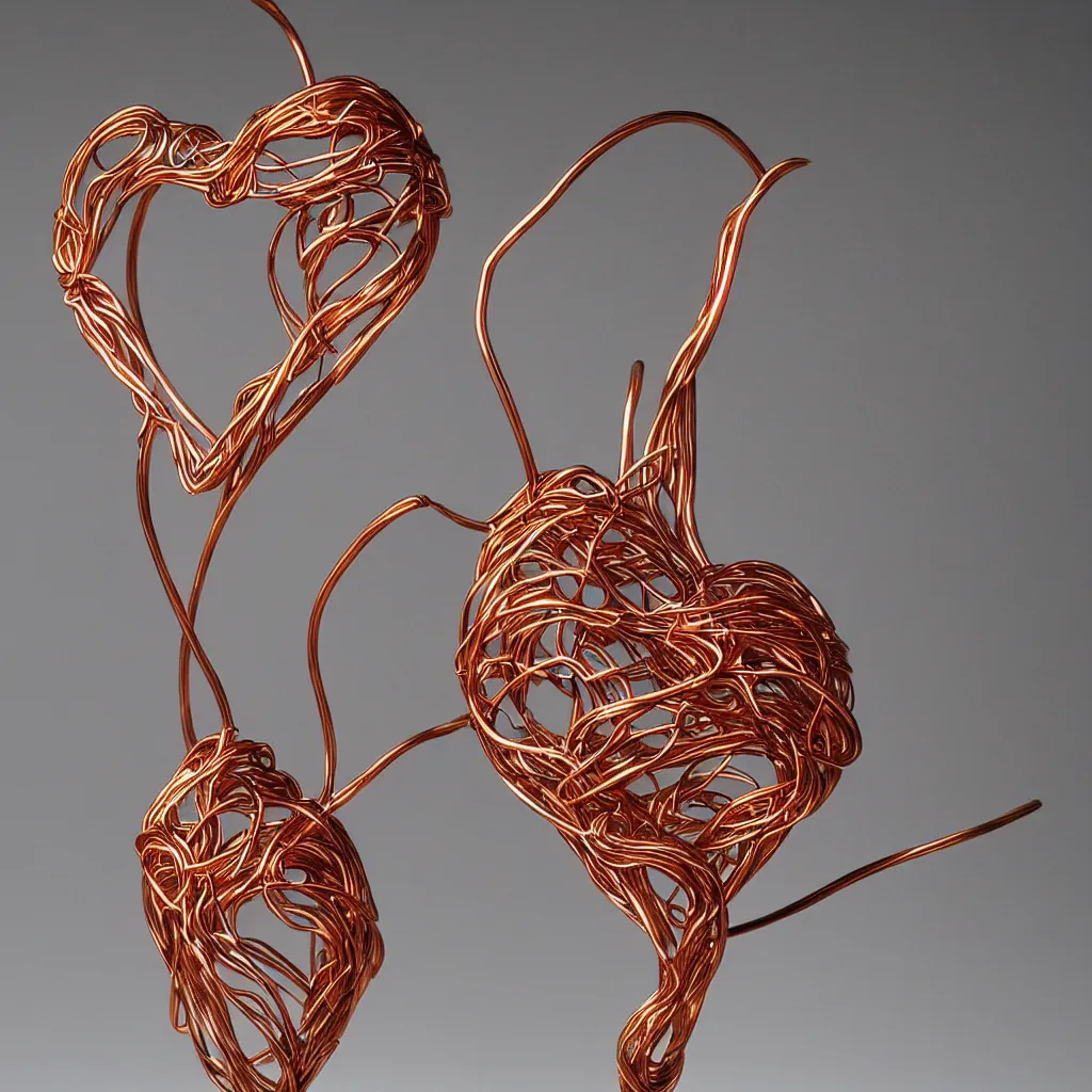 Image similar to a very beautiful tiny ( ( ( ( human heart ) ) ) )!!!!!!!!!!!!!!!!!!!!!!!!! organic sculpture made of copper wire and threaded pipes, very intricate, curved. studio lighting, high resolution, high quality, black background