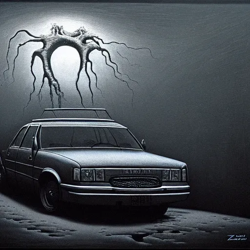 Image similar to horrifying eldritch 4 - door sedan, painting by zdzisław beksinski, product photograph, 4 k, dark atmosphere, horror, veins, oozing slime