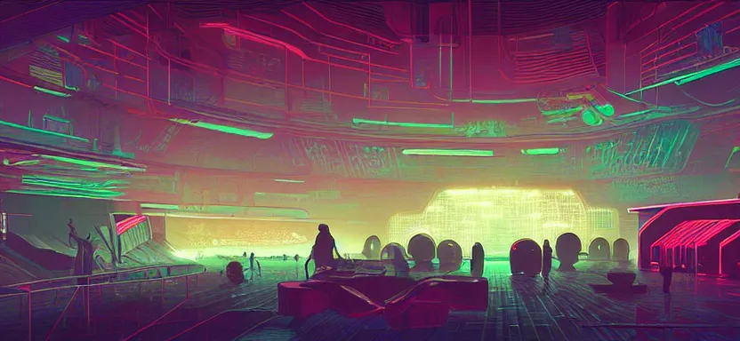 Prompt: handmade illustration of futuristic boxing ring, line art, octane render with volumetric lighting, watercolor by Kilian Eng and by Jake Parker, olympic weight room in bladerunner dystopia future, neon radioactive swamp