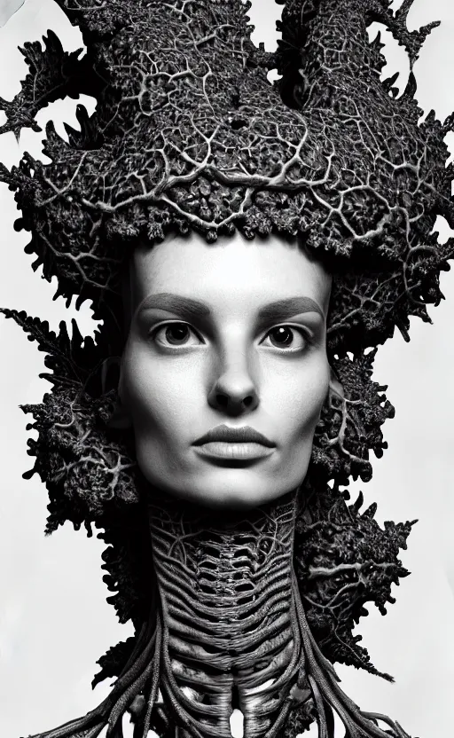 Image similar to a black and white high quality photo of a young beautiful female queen-vegetal-dragon-cyborg bust with a very long neck and Mandelbrot fractal face, Mandelbrot fractal skin, flesh, anatomical, facial muscles, veins, arteries, elegant, highly detailed, flesh highly baroque ornate, hair are wired cables, elegant, high fashion, rim light, octane render, in the style of Cindy Sherman, Realistic, Refined, Digital Art, Highly Detailed, Cinematic Lighting, rim light, black and white, photo-realistic, 8K