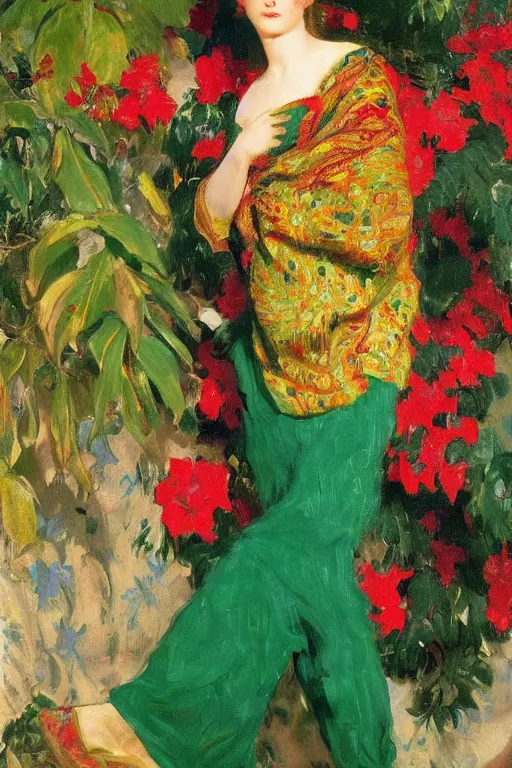 Image similar to a girl with arabesque red and green and golden detailed scarf near bougainvillea and mexican palms, persian carpet, painting by john singer sargent