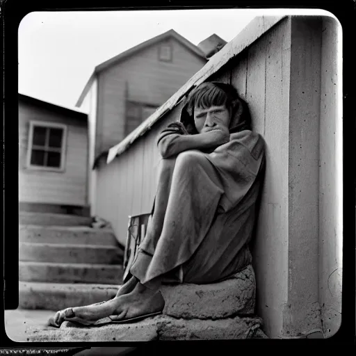 Image similar to Award winning Dorothea Lange photo, 1934, Great Depression. Woman sitting with crossed ankles on the steps of her house in the Kansas dustbowl. She stares off into the distance, resting her head on her hands. Americana, vintage, Pulitzer Prize.