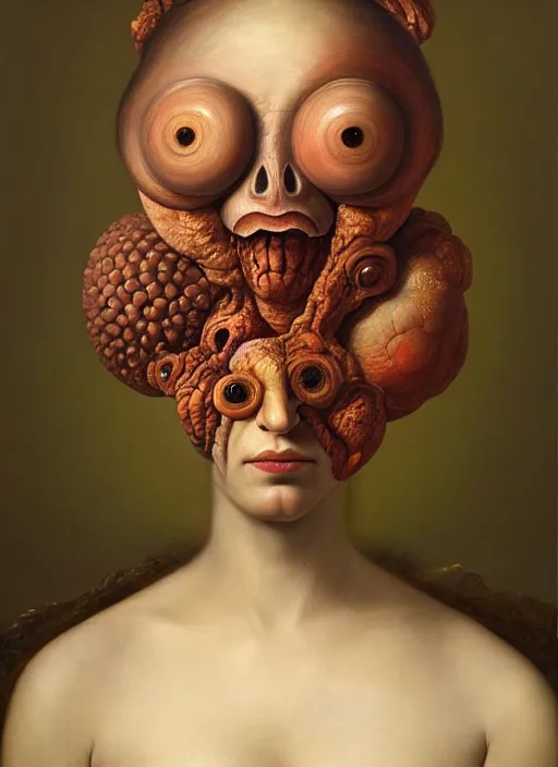 Image similar to strange, looming head, biomorphic painting of a woman with large eyes, deep rich colours by, rachel ruysch, and charlie immer, highly detailed, emotionally evoking, head in focus, volumetric lighting, oil painting, timeless disturbing masterpiece