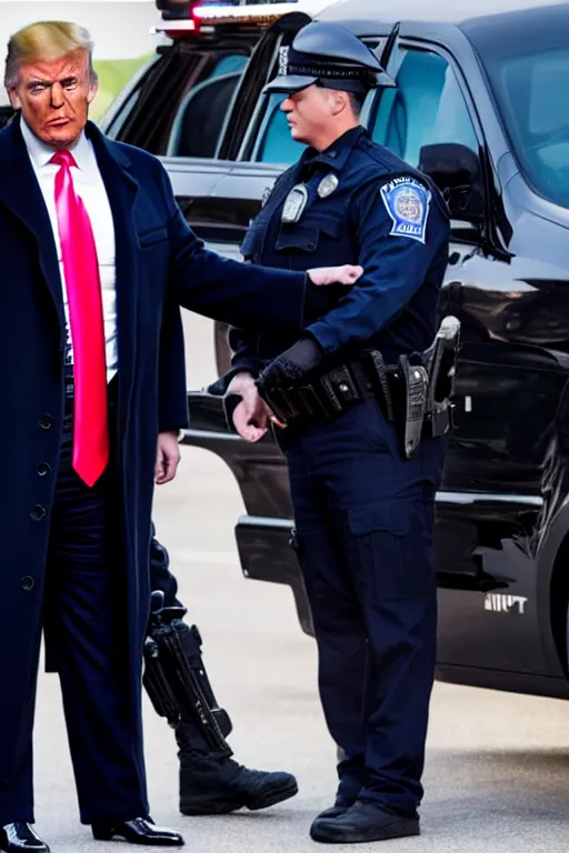 Image similar to donald trump being handcuffed by a police officer front of a police car, real life skin, intricate, high detailed, smooth, sharp focus