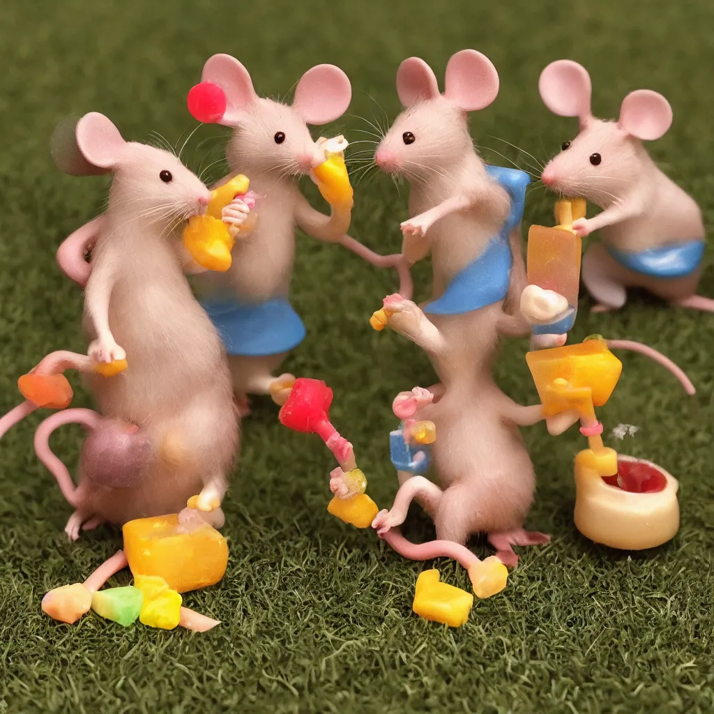 Image similar to happy mice smoking a bong and eating candy, golden hour, ultra realistic