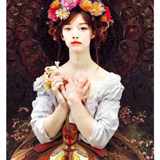 Image similar to a masterpiece ultrarealistic ultradetailed portrait of beautiful love girl maid lady baroque renaissance. medium shot, intricate, elegant, by stanley artgerm lau, wlop, alphonse mucha, rossdraws, andrei riabovitchev, yoshitaka amano. flower background my james jeand and takashi murakami.