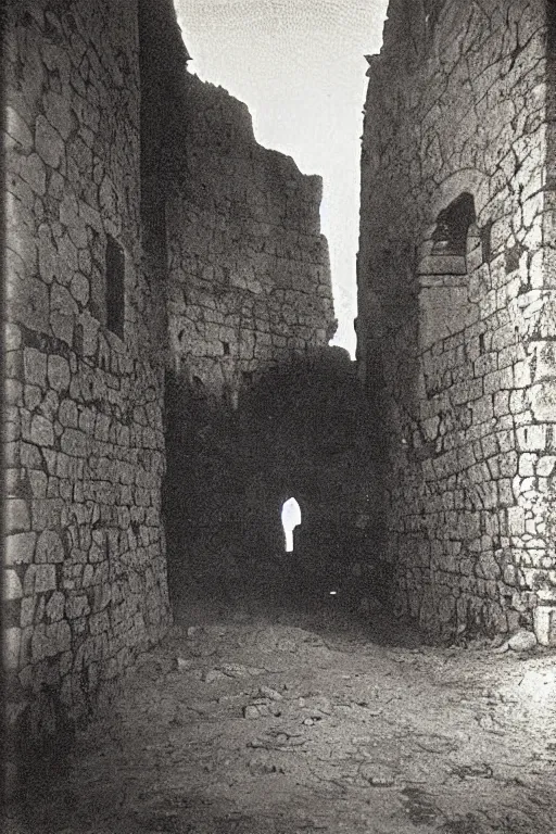 Image similar to a dark cave in the middle of an ordinary city, trogir golden hour 1 9 0 0 s photograph