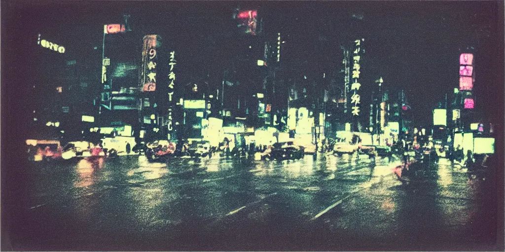 Prompt: analog polaroid of tokyo at night, dark black sky, rain, blue pink and green neon skies, gritty, ambient light