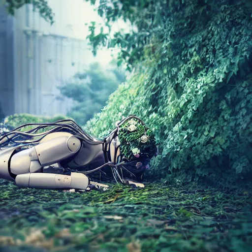 Image similar to side view of a beautiful abandoned human - shaped robot laying on the ground, overgrown foliage taking over it, close - up, 3 5 mm, biopunk, bokeh, beautiful, lens flare, emotional, sweet, flowers, detailed, picture, trending on artstation, award - winning, shiny, golden, angle view, octane render