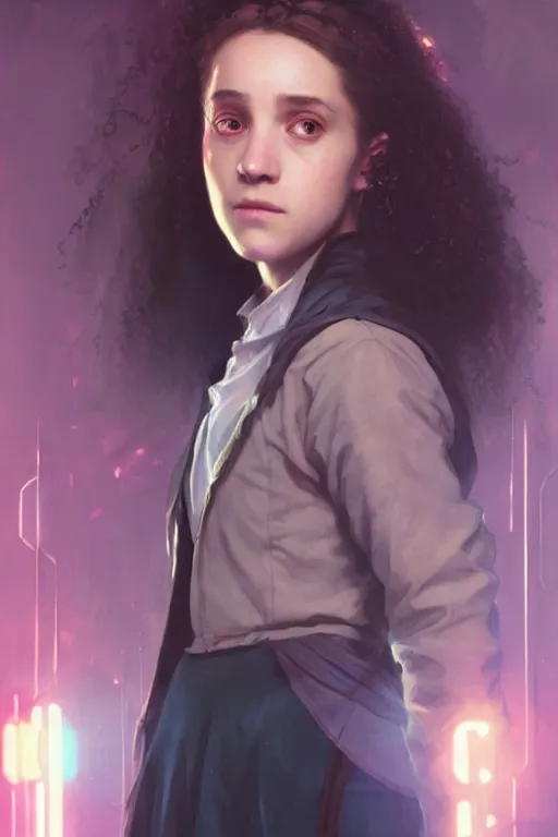 Image similar to portrait of Hermione Granger in cyberpunk, neon lighting, digital art from artstation by Ruan Jia and Mandy Jurgens and Artgerm and william-adolphe bouguereau and Greg Rutkowski and Wayne Barlowe