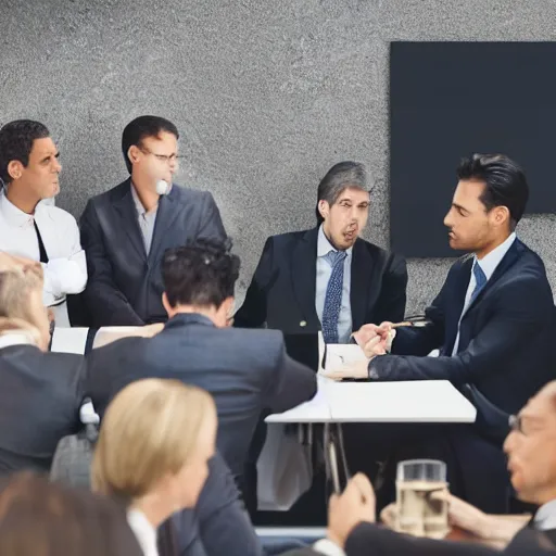 Prompt: photo of a businessman pitching his portfolio to a table of other businessmen