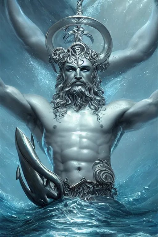 Image similar to poseidon humanoid god of the sea, trident, highly detailed, d & d, fantasy, highly detailed, digital painting, trending on artstation, concept art, sharp focus, illustration, art by artgerm and greg rutkowski and magali villeneuve