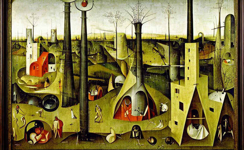 Prompt: geometric painting of industrial buildings surrounded by undergrowth by hieronymus bosch