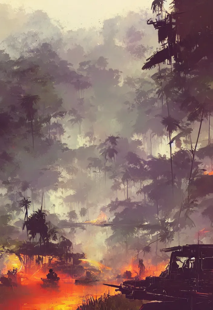 Image similar to ismail inceoglu painting of vietnam war scenary, year 1 9 7 0, jungle, fire smoke and explosions, painting, line art, art concept for a book cover, trending on artstation, by greg manchess and by craig mullins and by kilian eng and by jake parker