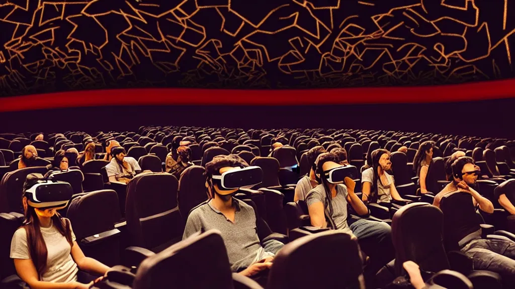 Image similar to people in a busy very dark movie theatre, all of they are wearing vr headsets with art direction by salvador dali, wide lens