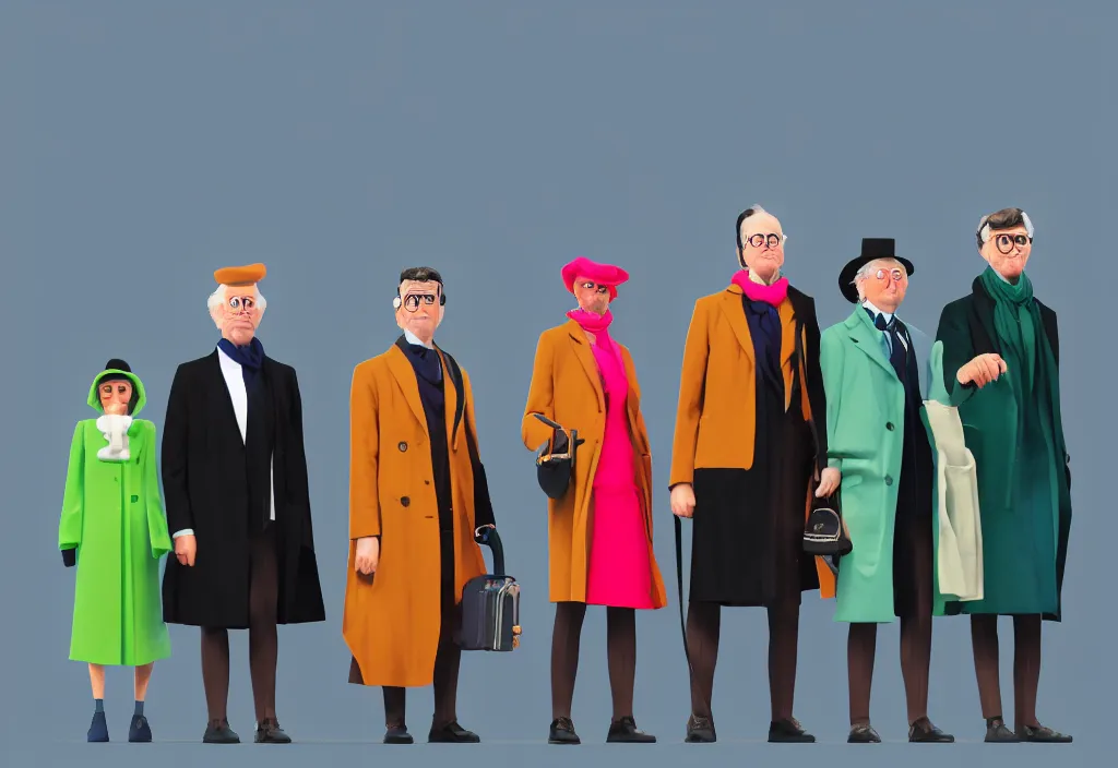 Image similar to full body portrait of a trio of european tourists long coat travel apparel, with nikon cameras, various poses shooting photos, character designs painting, in the style of wes anderson, rene magritte, lola dupre, david hockney, isolated on white background, dark monochrome neon spraypaint accents volumetric octane render