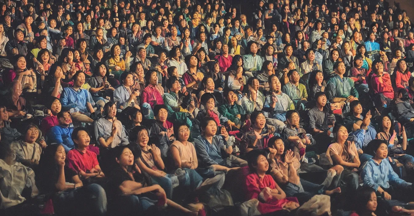 Image similar to human spirits sit in the cinema and watch very deeply the light of consciousness projecting their lives on the big wide screen, realistic image full of sense of spirituality, life meaning, meaining of physical reality, happy atmosphere, by Lee Madgwic