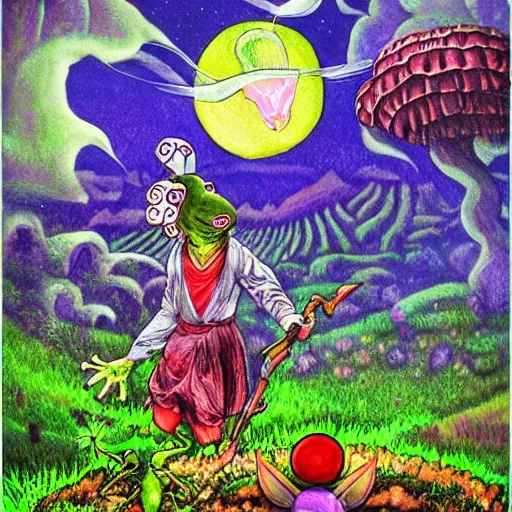 Prompt: Scary godlike fairy killing a frog ,detailed mushroom village in the background , Taras Shevchenko style, post-processing, fantasy , masterpiece , junji ito, painting , psychedelic colored