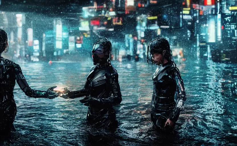 Image similar to cinestill 5 0 d candid photographic portrait by steven spielberg of two loving female androids sobbing wearing rugged black mesh techwear in treacherous waters, flooded city, medium closeup, retrofuturism cyberpunk moody emotional cinematic, pouring iridescent rain bright spotlight helicopter, 8 k, hd, high resolution, 3 5 mm, f / 3 2, ultra realistic faces, ex machina