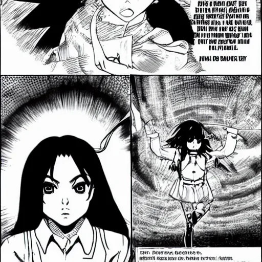 Prompt: Manga Panels, Mila Kunis summons a black spiral void from the sky by Junji Ito, Kim Jung Gi