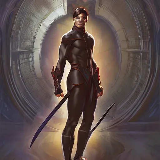 Image similar to character concept, wide angle, full body, symmetrical, young man with dark ninja clothes. detailed, high quality, dynamic lightning, fantasy, scenematic. artwork by artgerm, wlop, alex ross, greg rutknowski, alphonse mucha