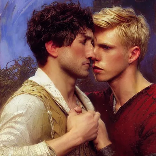 Image similar to attractive male, arthur pendragon who has blond hair confesses his love to attractive male, merlin who has dark hair. highly detailed painting by gaston bussiere, craig mullins, j. c. leyendecker 8 k