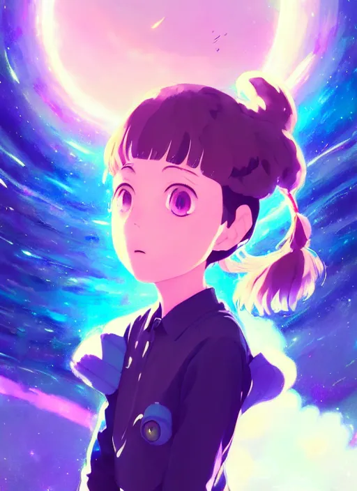 Image similar to portrait of a very cute girl with big eyes, very psychedelic space background illustration concept art anime key visual trending pixiv fanbox by wlop and greg rutkowski and makoto shinkai and studio ghibli and kyoto animation