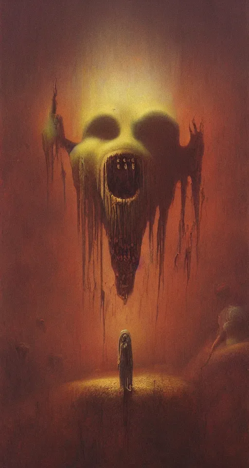 Image similar to Painting in a style of Beksinski featuring a giant alien crying. Pain and suffering in the background