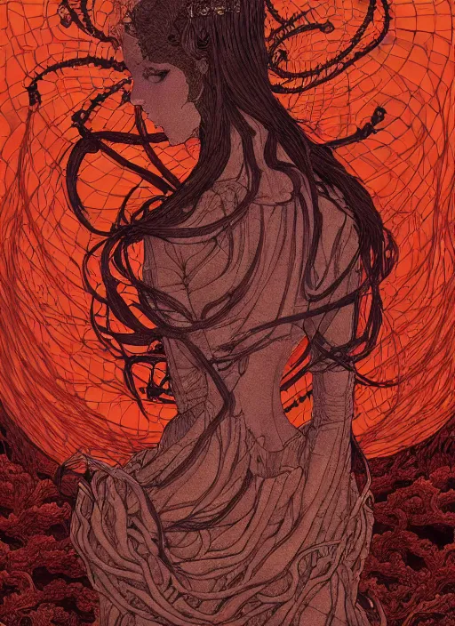 Image similar to behold the worm queen, digital illustration in a mixed style of serhiy krykun and ken taylor and takato yamamoto, inspired by gothic paintings and shoujo manga, surrounded by a torchlit cavern landscape, hyper detailed, stunning inking lines, flat colors, 4 k, hd, award winning, photorealistic