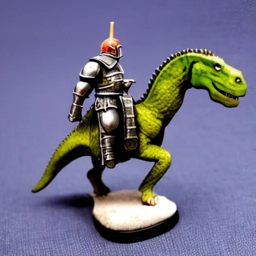 Image similar to D&D, high detail, miniature of medieval knight riding a dinosaur, Lord of the Print, 28mm scale