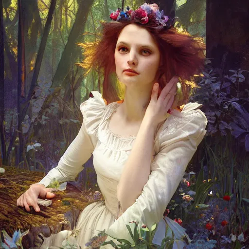 Image similar to close up portrait of alice in wonderland, magical forest, dramatic lighting, high detail, painted, by greg rutkowski, painted by stanley artgerm, painted by alphonse mucha, trending on artstation