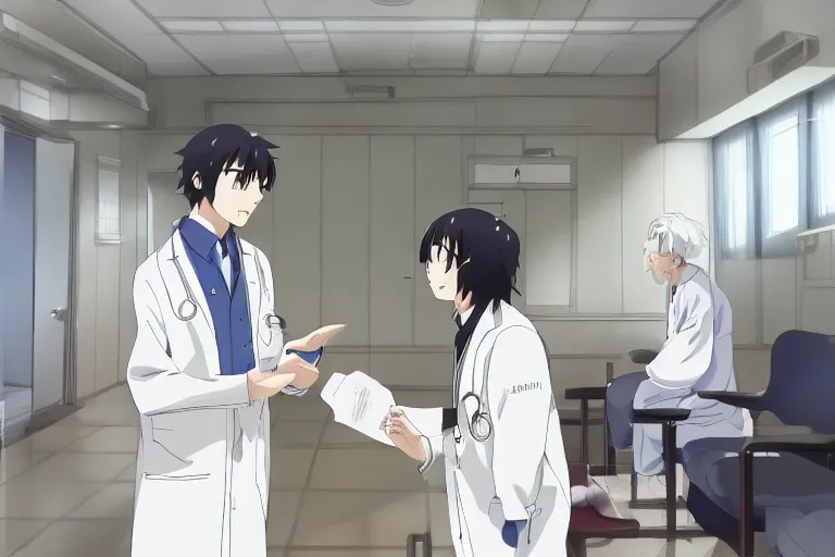 Prompt: a elegant doctor wearing white coat are talking with an old surgeon in a hospital, slice of life anime, lighting, anime scenery by Makoto shinkai