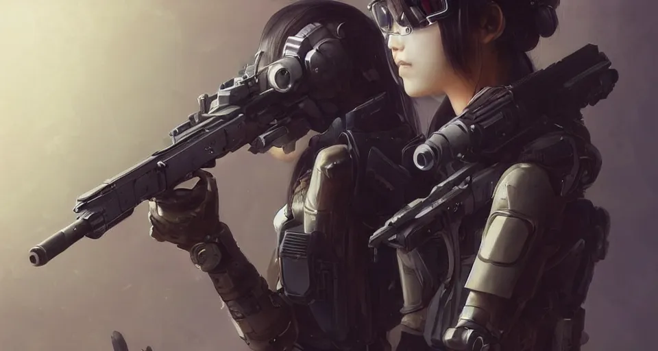 Image similar to young female japanese sniper holding a railgun sniper rifle, neon, cyberpunk, futuristic, full cybernetic combat suit, helmet visor up, stunning, highly detailed, digital painting, smooth, soft focus, illustration, 4 k digital art from artstation by artgerm and greg rutkowski and alphonse mucha