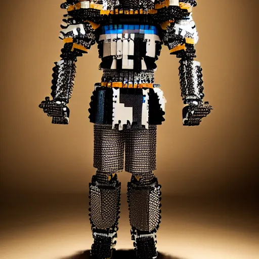 Image similar to a portrait of a beautiful young male wearing an alexander mcqueen armor made of legos , photographed by andrew thomas huang, artistic