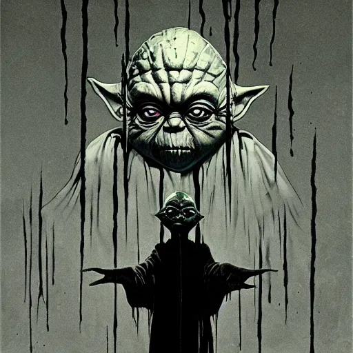 Image similar to horror evil yoda black blood dripping scary eyes creepy background schizo, by john kenn mortensen, zdizslaw beksinski, jeremy mann, h. r. giger