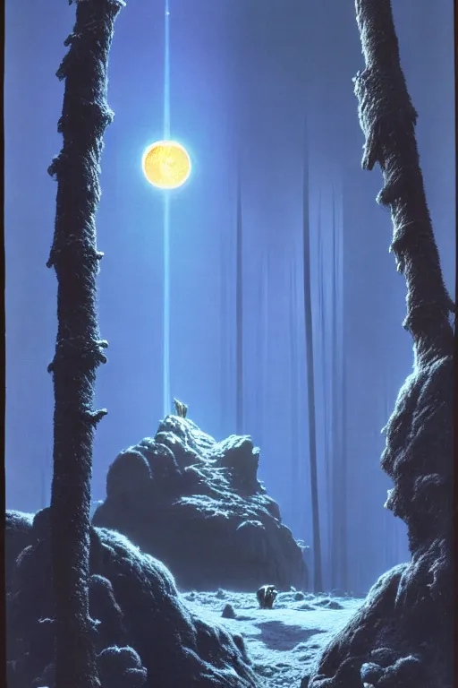 Prompt: emissary the forest moon home of the furry ewoks ( designated : ix 3 2 4 4 - a ) by arthur haas and bruce pennington and john schoenherr, cinematic matte painting, 8 k, planet hoth, dark color palate