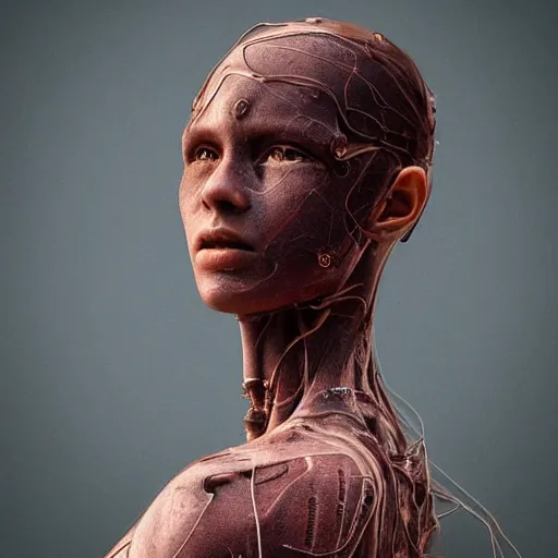 Image similar to beautiful Fine art photography portrait of a solarpunk half robot half human girl with real skin human face, highly detailed, photorealism, cinematic lighting 8k