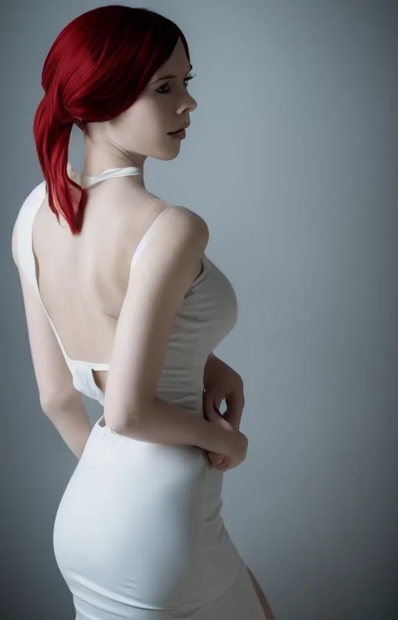 Image similar to studio photo of gorgeous seductive emily skinner cosplaying annie leonhart wearing tight white dress, beautiful face, pale skin, rule of thirds, cinematic lighting, sharp focus, backlit, stunning, smooth, hard focus, full body shot