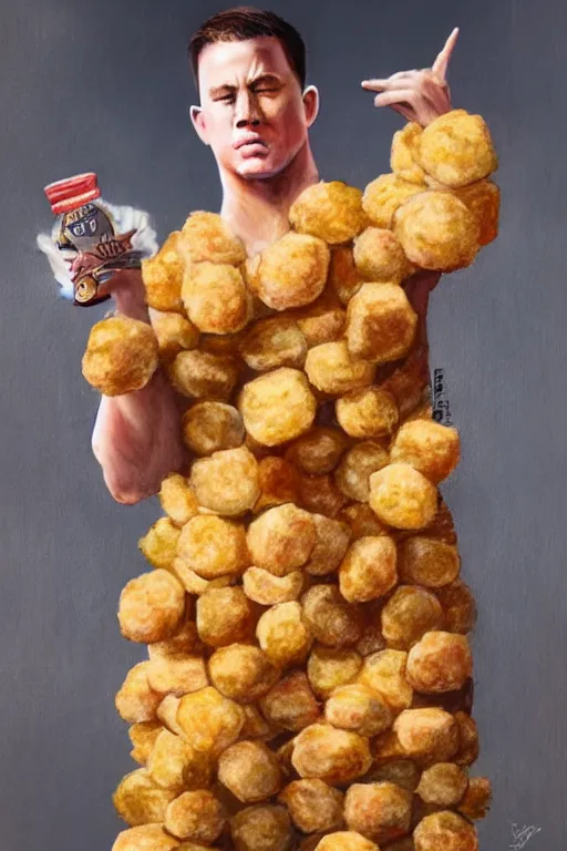 Image similar to channing tatum in a tater tot costume, oil on canvas, intricate, 8 k highly professionally detailed, hdr, cgsociety